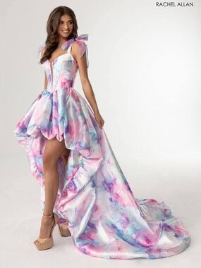 Rachel Allan Pink and Blue Watercolor Hi-Low Prom Gown